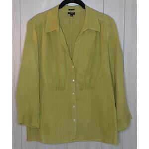 Talbots 100% Irish Linen Ladies Long Sleeve Button Front Blouse Size 14 Green
